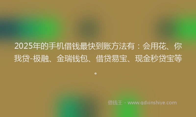 2025年的手机借钱最快到账方法有：会用花、你我贷-极融、金瑞钱包、借贷易宝、现金秒贷宝等。