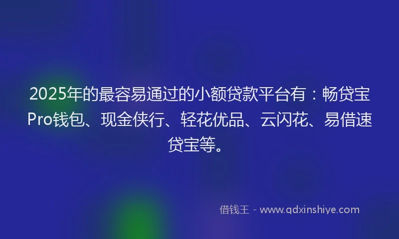 2025年的最容易通过的小额贷款平台有：畅贷宝Pro钱包、现金侠行、轻花优品、云闪花、易借速贷宝等。