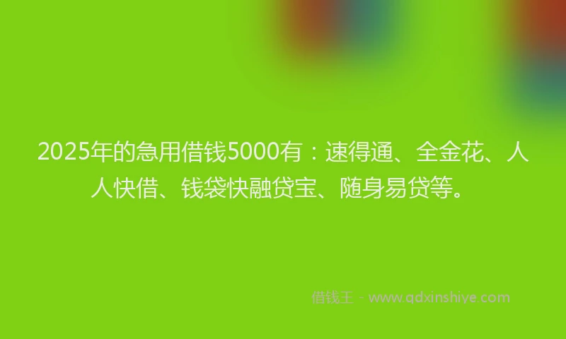 2025年的急用借钱5000有：速得通、全金花、人人快借、钱袋快融贷宝、随身易贷等。