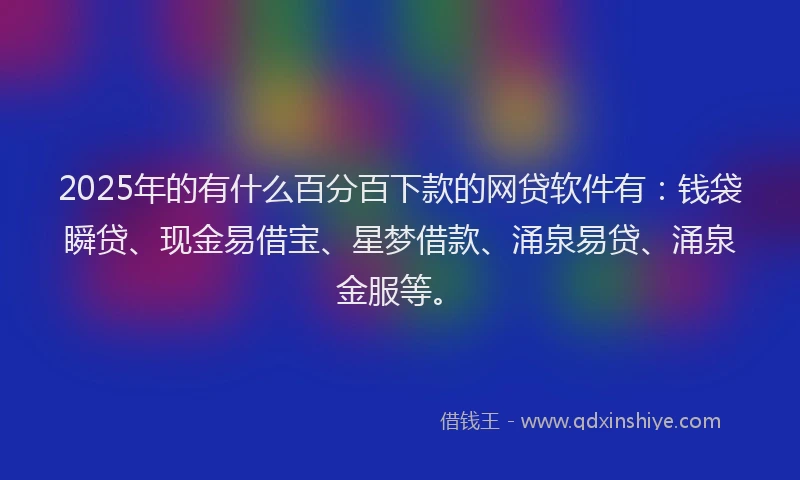 2025年的有什么百分百下款的网贷软件有：钱袋瞬贷、现金易借宝、星梦借款、涌泉易贷、涌泉金服等。