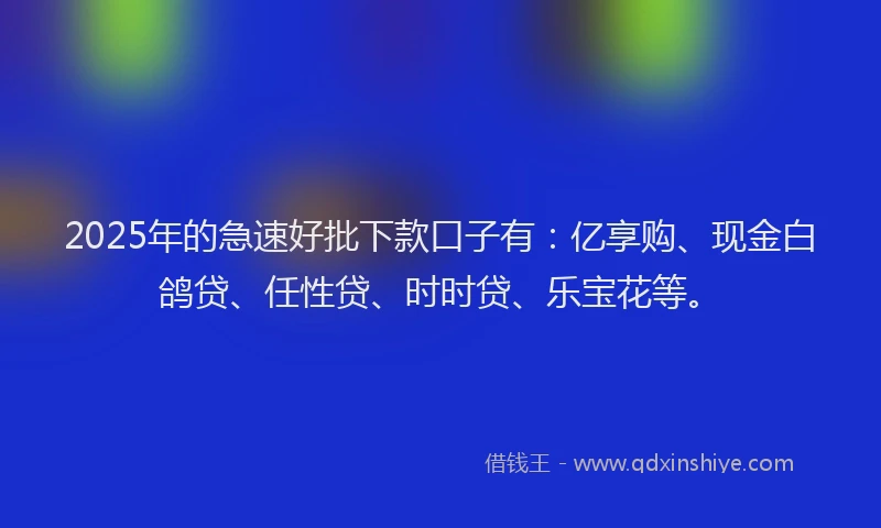2025年的急速好批下款口子有：亿享购、现金白鸽贷、任性贷、时时贷、乐宝花等。