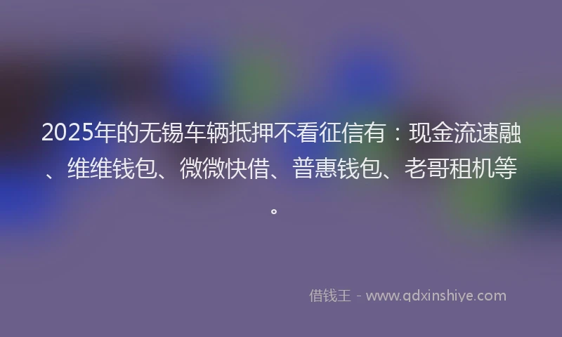2025年的无锡车辆抵押不看征信有：现金流速融、维维钱包、微微快借、普惠钱包、老哥租机等。