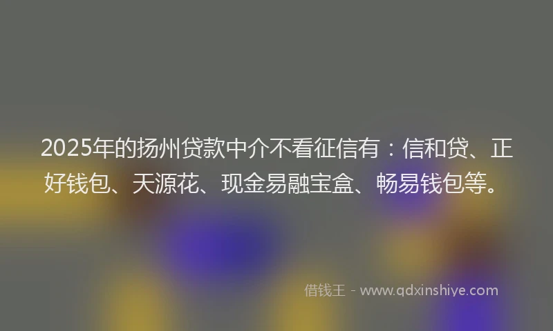 2025年的扬州贷款中介不看征信有：信和贷、正好钱包、天源花、现金易融宝盒、畅易钱包等。