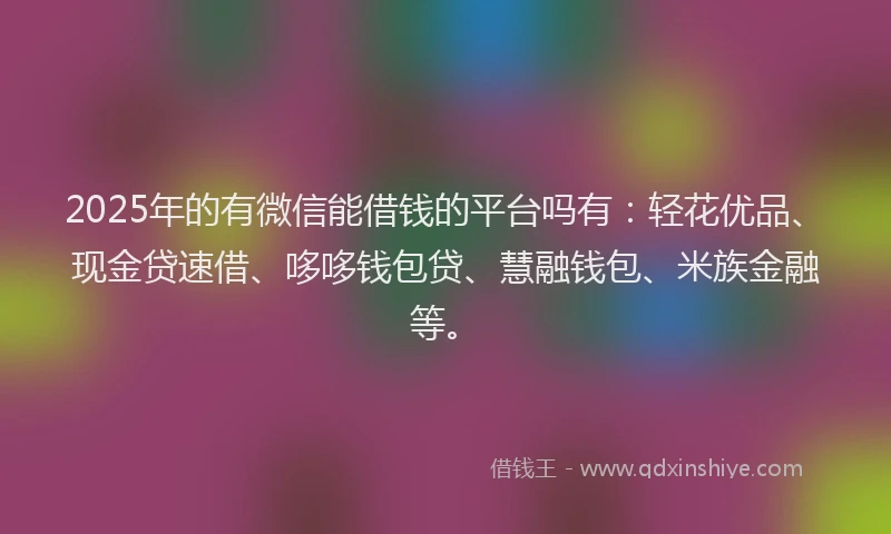 2025年的有微信能借钱的平台吗有：轻花优品、现金贷速借、哆哆钱包贷、慧融钱包、米族金融等。