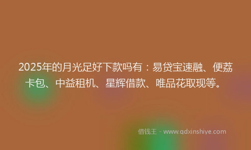 2025年的月光足好下款吗有：易贷宝速融、便荔卡包、中益租机、星辉借款、唯品花取现等。