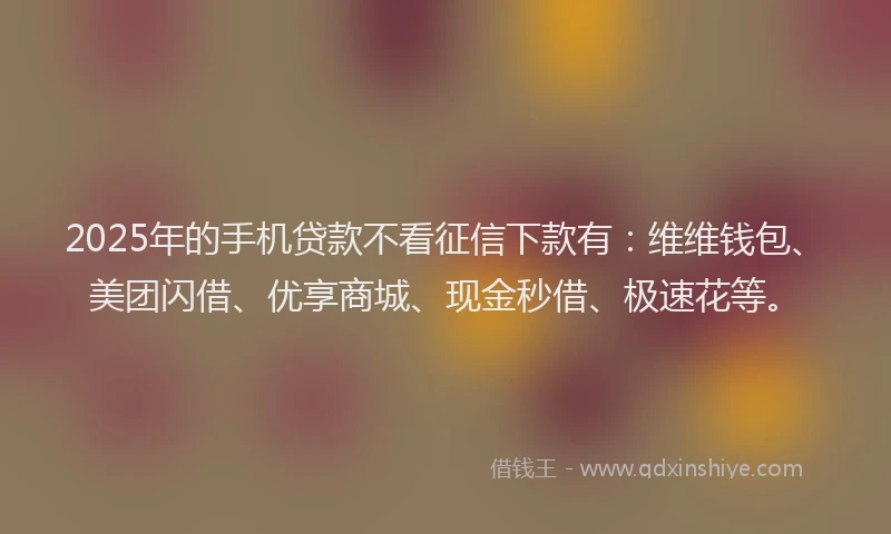 2025年的手机贷款不看征信下款有：维维钱包、美团闪借、优享商城、现金秒借、极速花等。