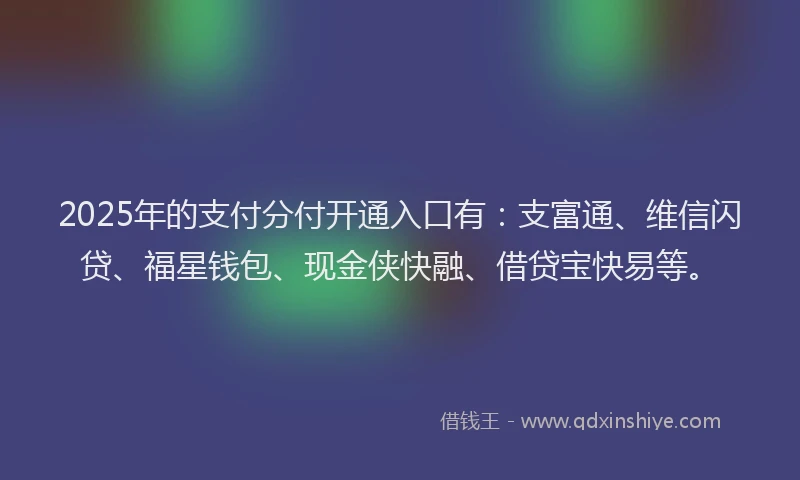 2025年的支付分付开通入口有：支富通、维信闪贷、福星钱包、现金侠快融、借贷宝快易等。