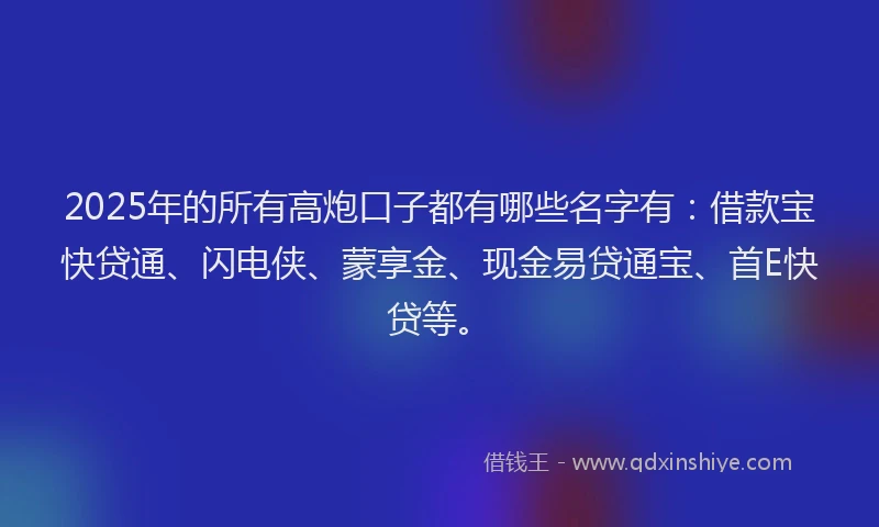 2025年的所有高炮口子都有哪些名字有：借款宝快贷通、闪电侠、蒙享金、现金易贷通宝、首E快贷等。