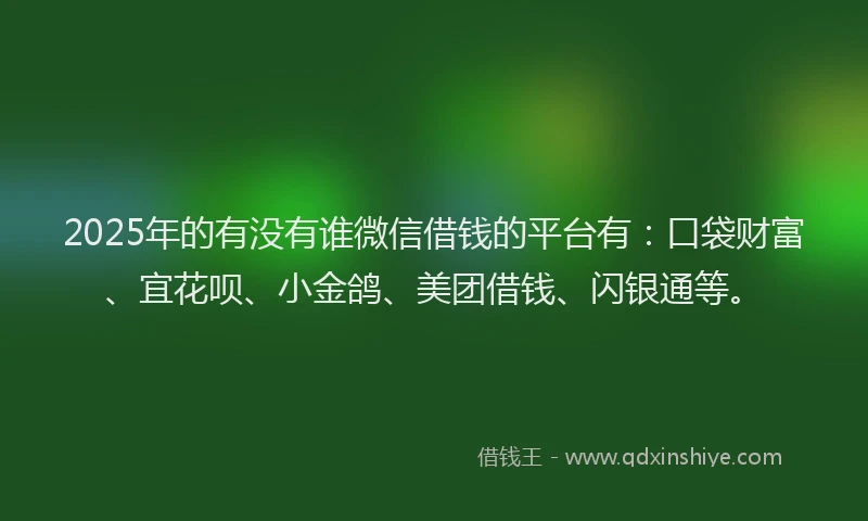 2025年的有没有谁微信借钱的平台有：口袋财富、宜花呗、小金鸽、美团借钱、闪银通等。