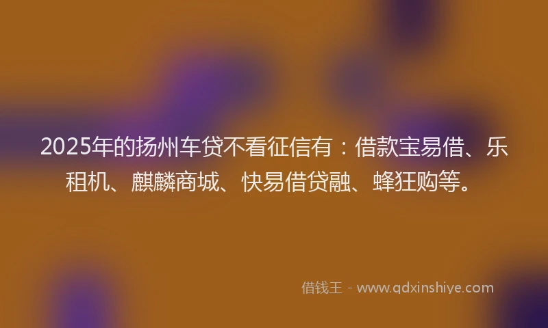 2025年的扬州车贷不看征信有：借款宝易借、乐租机、麒麟商城、快易借贷融、蜂狂购等。