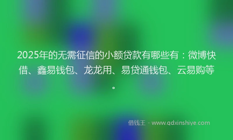 2025年的无需征信的小额贷款有哪些有：微博快借、鑫易钱包、龙龙用、易贷通钱包、云易购等。