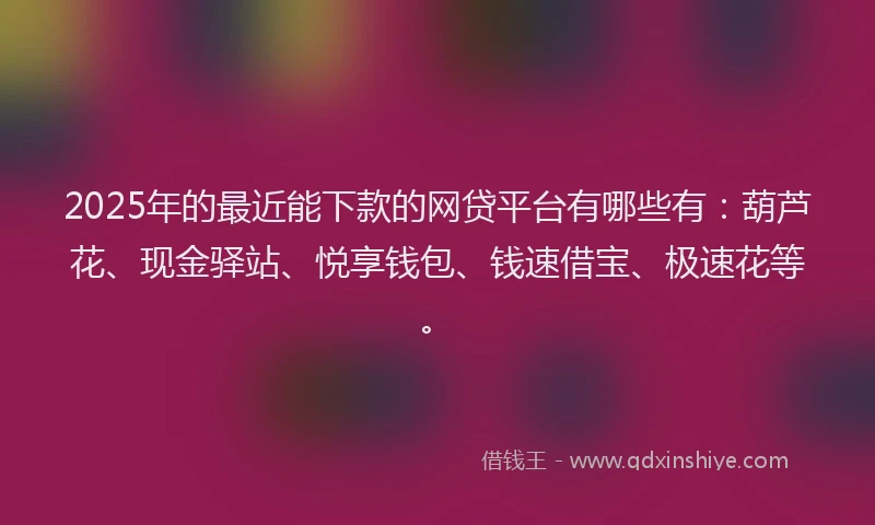 2025年的最近能下款的网贷平台有哪些有：葫芦花、现金驿站、悦享钱包、钱速借宝、极速花等。