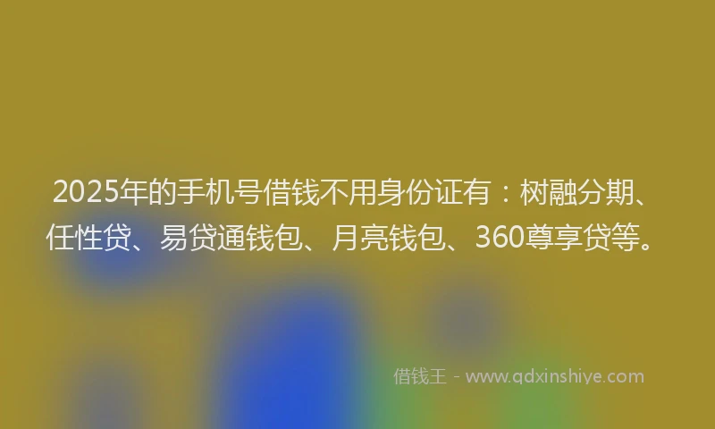 2025年的手机号借钱不用身份证有：树融分期、任性贷、易贷通钱包、月亮钱包、360尊享贷等。