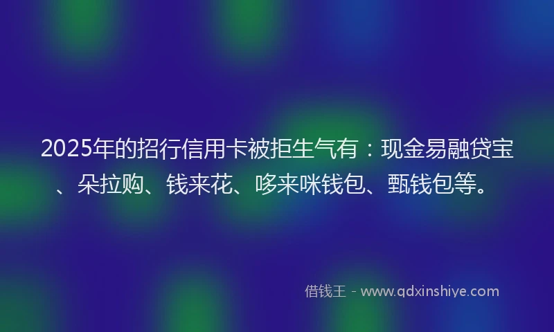 2025年的招行信用卡被拒生气有：现金易融贷宝、朵拉购、钱来花、哆来咪钱包、甄钱包等。