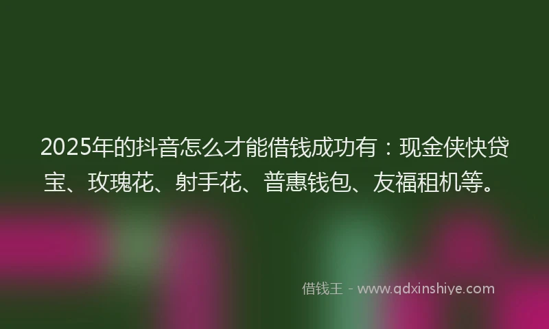 2025年的抖音怎么才能借钱成功有：现金侠快贷宝、玫瑰花、射手花、普惠钱包、友福租机等。
