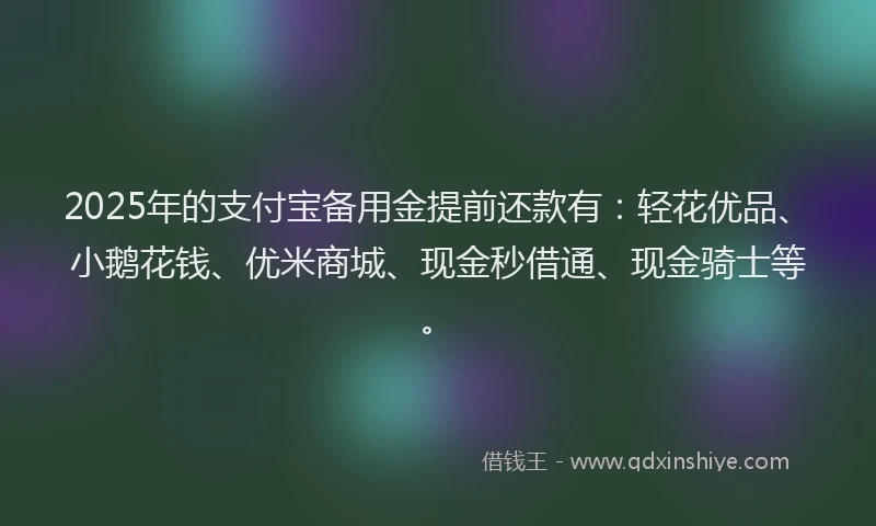 2025年的支付宝备用金提前还款有：轻花优品、小鹅花钱、优米商城、现金秒借通、现金骑士等。