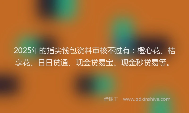 2025年的指尖钱包资料审核不过有：橙心花、桔享花、日日贷通、现金贷易宝、现金秒贷易等。