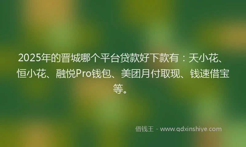 2025年的晋城哪个平台贷款好下款有：天小花、恒小花、融悦Pro钱包、美团月付取现、钱速借宝等。