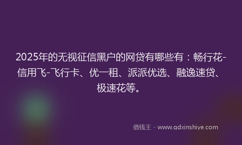 2025年的无视征信黑户的网贷有哪些有：畅行花-信用飞-飞行卡、优一租、派派优选、融逸速贷、极速花等。