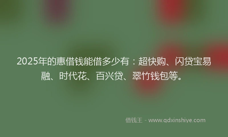 2025年的惠借钱能借多少有：超快购、闪贷宝易融、时代花、百兴贷、翠竹钱包等。