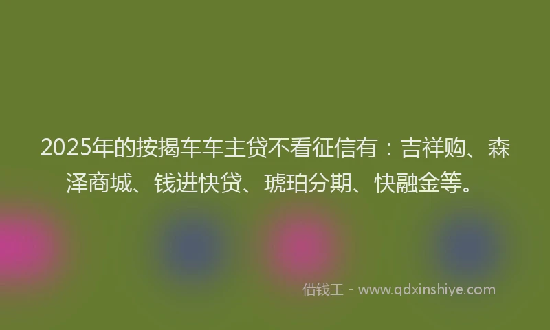 2025年的按揭车车主贷不看征信有：吉祥购、森泽商城、钱进快贷、琥珀分期、快融金等。