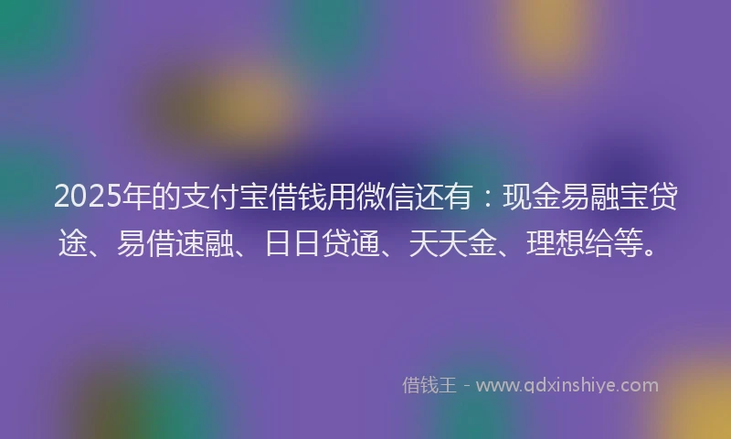 2025年的支付宝借钱用微信还有：现金易融宝贷途、易借速融、日日贷通、天天金、理想给等。