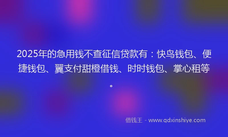 2025年的急用钱不查征信贷款有：快鸟钱包、便捷钱包、翼支付甜橙借钱、时时钱包、掌心租等。