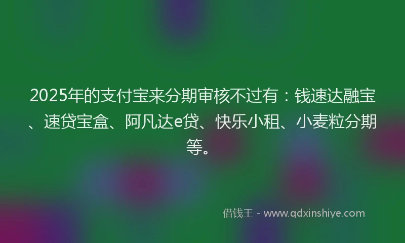 2025年的支付宝来分期审核不过有：钱速达融宝、速贷宝盒、阿凡达e贷、快乐小租、小麦粒分期等。
