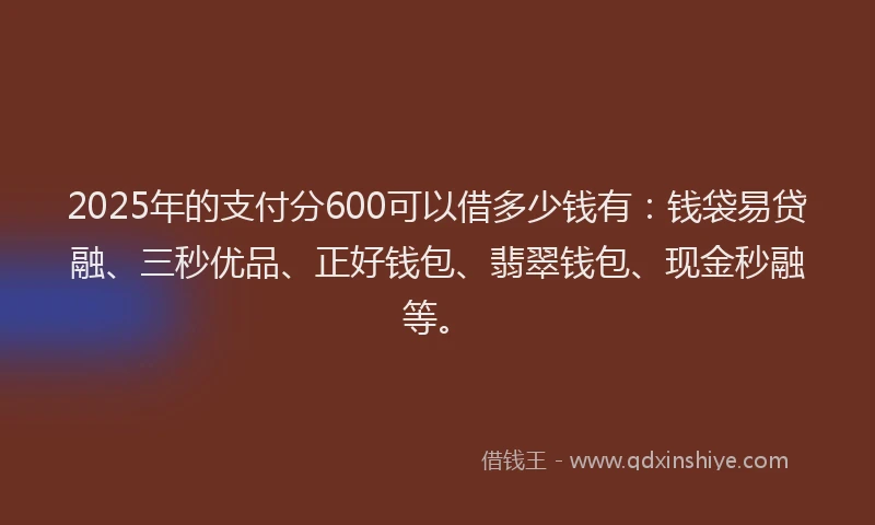 2025年的支付分600可以借多少钱有：钱袋易贷融、三秒优品、正好钱包、翡翠钱包、现金秒融等。