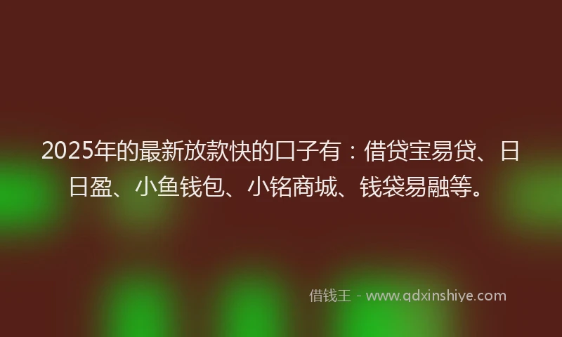 2025年的最新放款快的口子有：借贷宝易贷、日日盈、小鱼钱包、小铭商城、钱袋易融等。