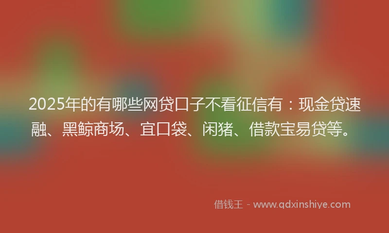 2025年的有哪些网贷口子不看征信有：现金贷速融、黑鲸商场、宜口袋、闲猪、借款宝易贷等。