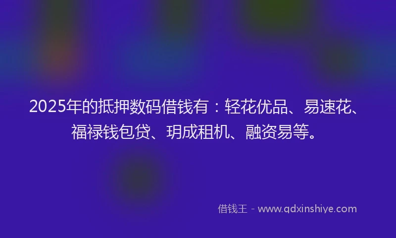 2025年的抵押数码借钱有：轻花优品、易速花、福禄钱包贷、玥成租机、融资易等。