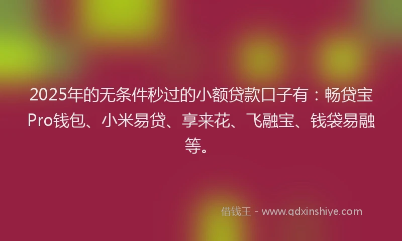 2025年的无条件秒过的小额贷款口子有：畅贷宝Pro钱包、小米易贷、享来花、飞融宝、钱袋易融等。