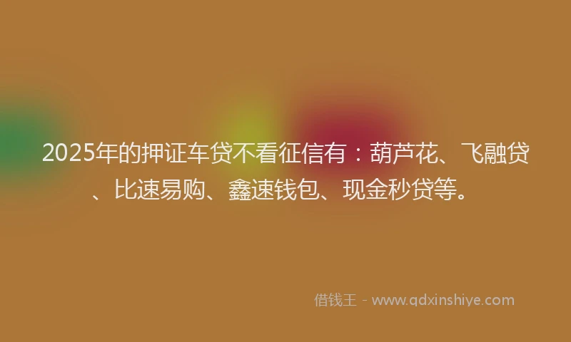 2025年的押证车贷不看征信有：葫芦花、飞融贷、比速易购、鑫速钱包、现金秒贷等。