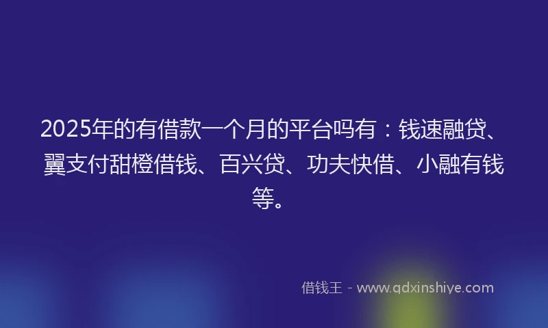 2025年的有借款一个月的平台吗有：钱速融贷、翼支付甜橙借钱、百兴贷、功夫快借、小融有钱等。