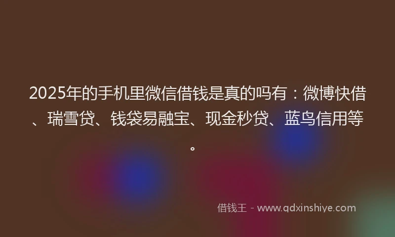 2025年的手机里微信借钱是真的吗有：微博快借、瑞雪贷、钱袋易融宝、现金秒贷、蓝鸟信用等。