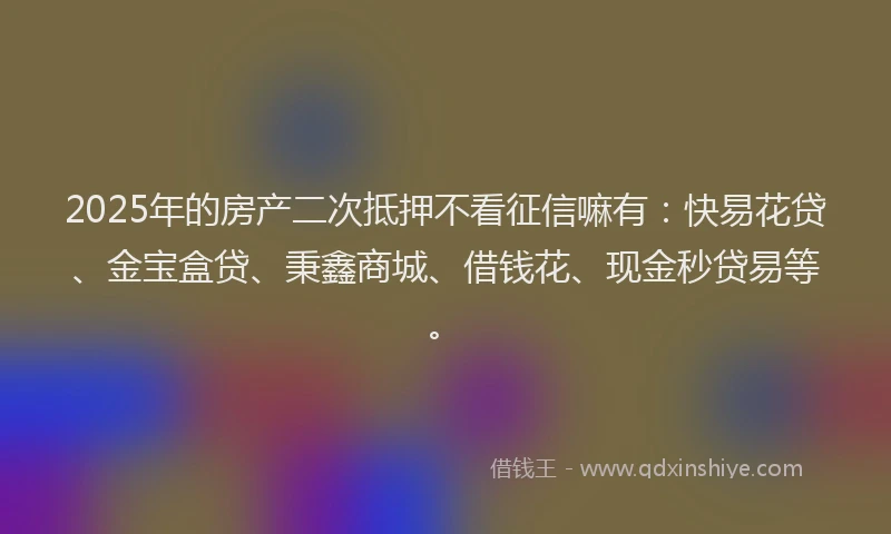 2025年的房产二次抵押不看征信嘛有：快易花贷、金宝盒贷、秉鑫商城、借钱花、现金秒贷易等。