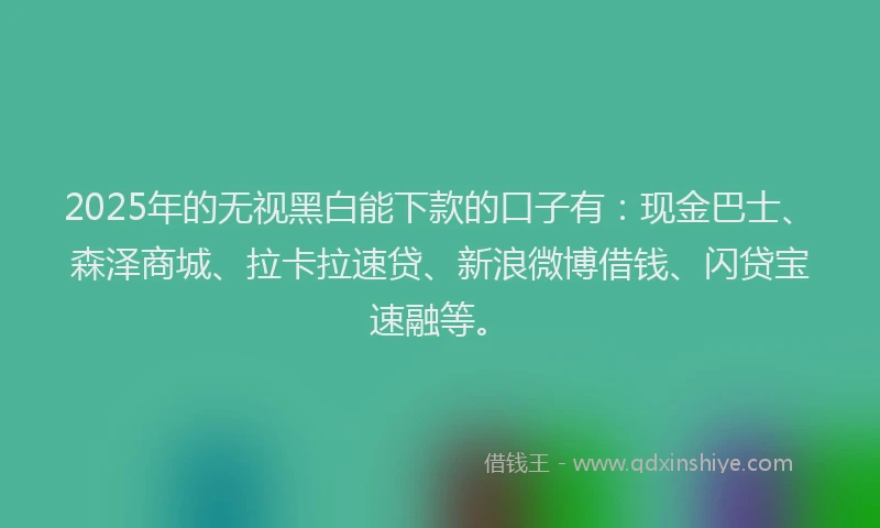 2025年的无视黑白能下款的口子有：现金巴士、森泽商城、拉卡拉速贷、新浪微博借钱、闪贷宝速融等。