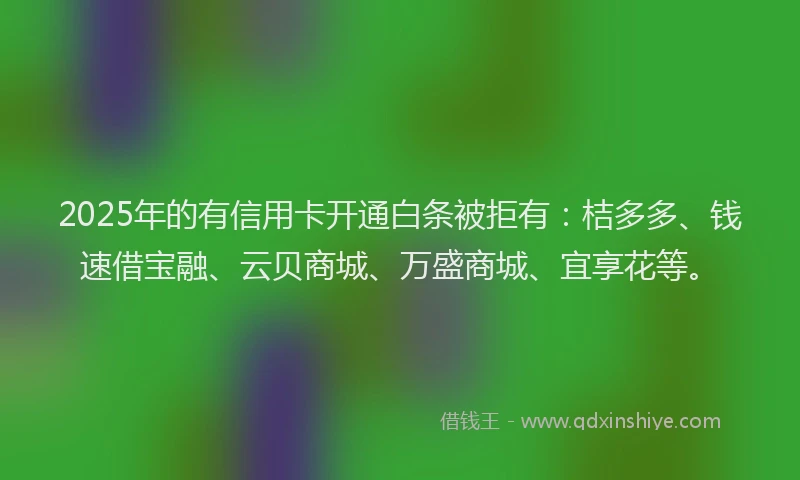 2025年的有信用卡开通白条被拒有：桔多多、钱速借宝融、云贝商城、万盛商城、宜享花等。