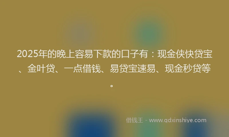 2025年的晚上容易下款的口子有：现金侠快贷宝、金叶贷、一点借钱、易贷宝速易、现金秒贷等。