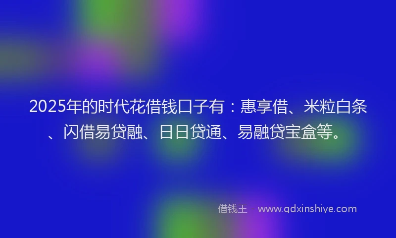 2025年的时代花借钱口子有：惠享借、米粒白条、闪借易贷融、日日贷通、易融贷宝盒等。