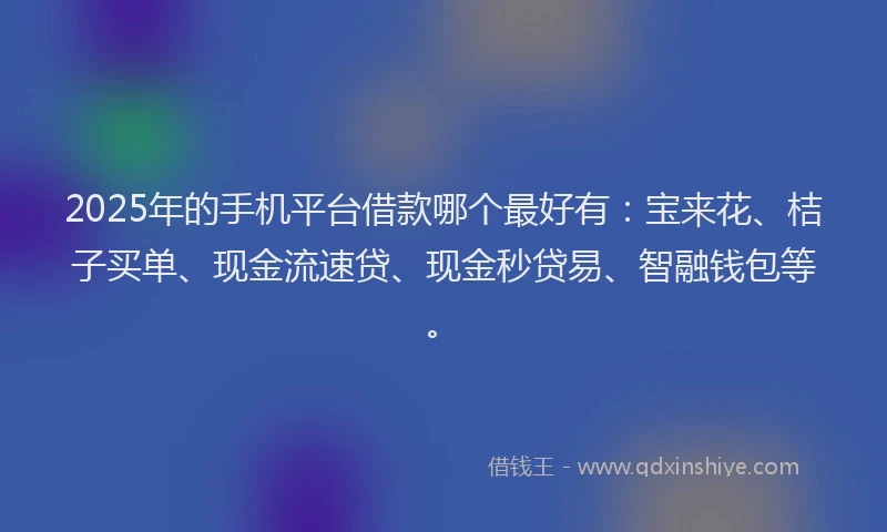 2025年的手机平台借款哪个最好有：宝来花、桔子买单、现金流速贷、现金秒贷易、智融钱包等。