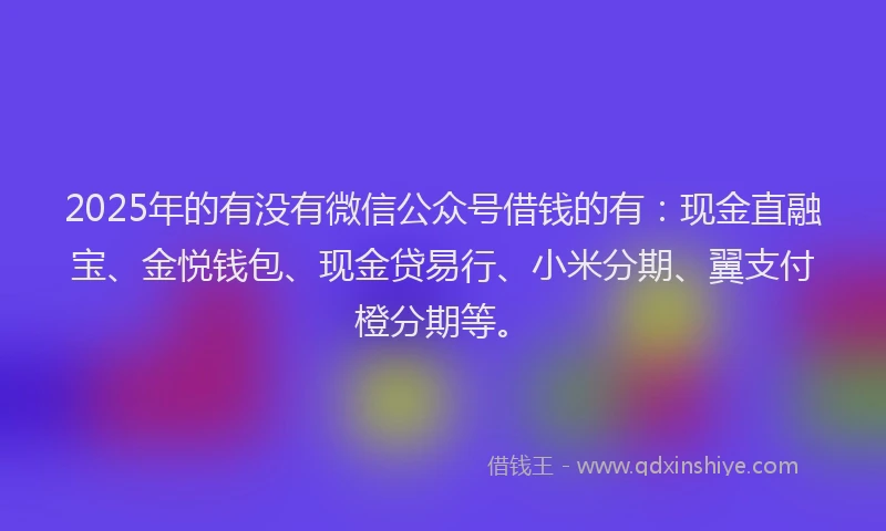 2025年的有没有微信公众号借钱的有：现金直融宝、金悦钱包、现金贷易行、小米分期、翼支付橙分期等。