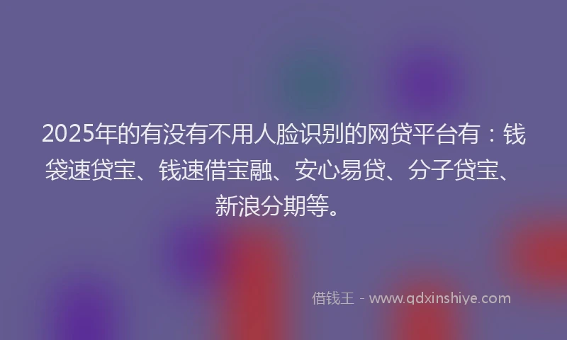 2025年的有没有不用人脸识别的网贷平台有：钱袋速贷宝、钱速借宝融、安心易贷、分子贷宝、新浪分期等。