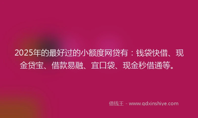 2025年的最好过的小额度网贷有:钱袋快借、现金贷宝、借款易融、宜口袋、现金秒借通等。
