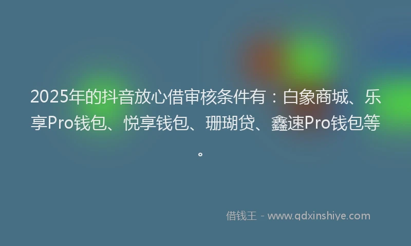 2025年的抖音放心借审核条件有:白象商城、乐享Pro钱包、悦享钱包、珊瑚贷、鑫速Pro钱包等。