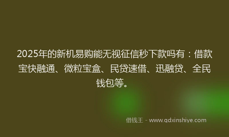 2025年的新机易购能无视征信秒下款吗有：借款宝快融通、微粒宝盒、民贷速借、迅融贷、全民钱包等。