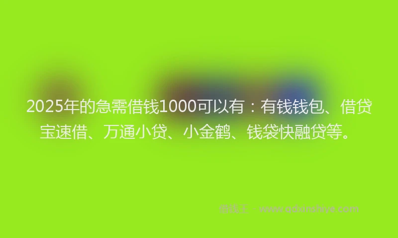 2025年的急需借钱1000可以有：有钱钱包、借贷宝速借、万通小贷、小金鹤、钱袋快融贷等。