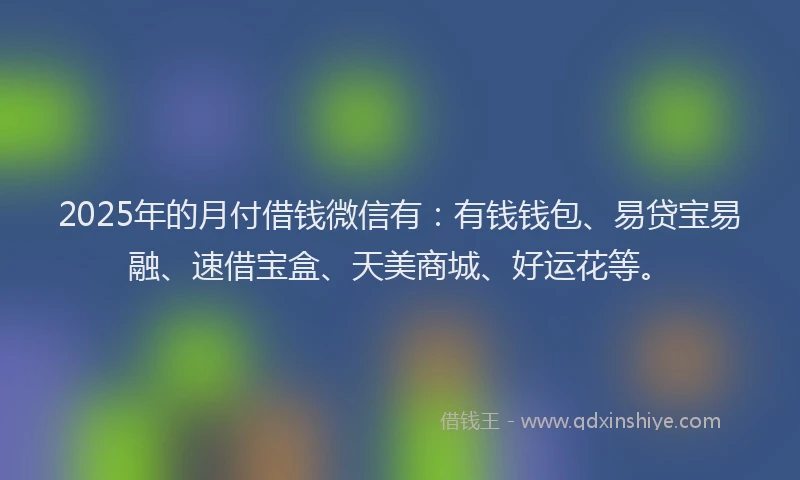2025年的月付借钱微信有：有钱钱包、易贷宝易融、速借宝盒、天美商城、好运花等。