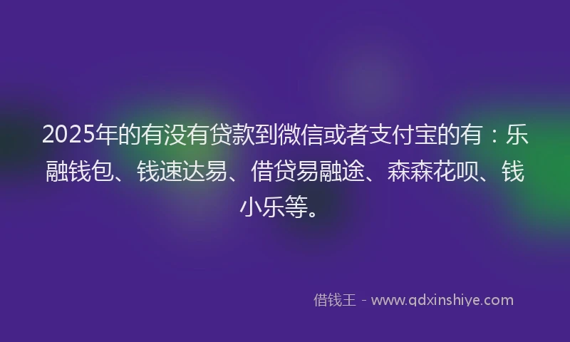 2025年的有没有贷款到微信或者支付宝的有：乐融钱包、钱速达易、借贷易融途、森森花呗、钱小乐等。